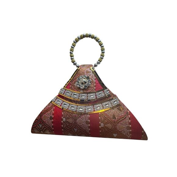 Vintage Triangle Fun Party Hippy Mirrored Boho Mini Handbag Beaded Handle 70s - Picture 2 of 10